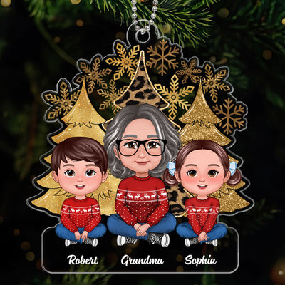Leopard Christmas Tree Snowflakes Grandma Grandkids Crossed Legs Personalized Acrylic Ornament