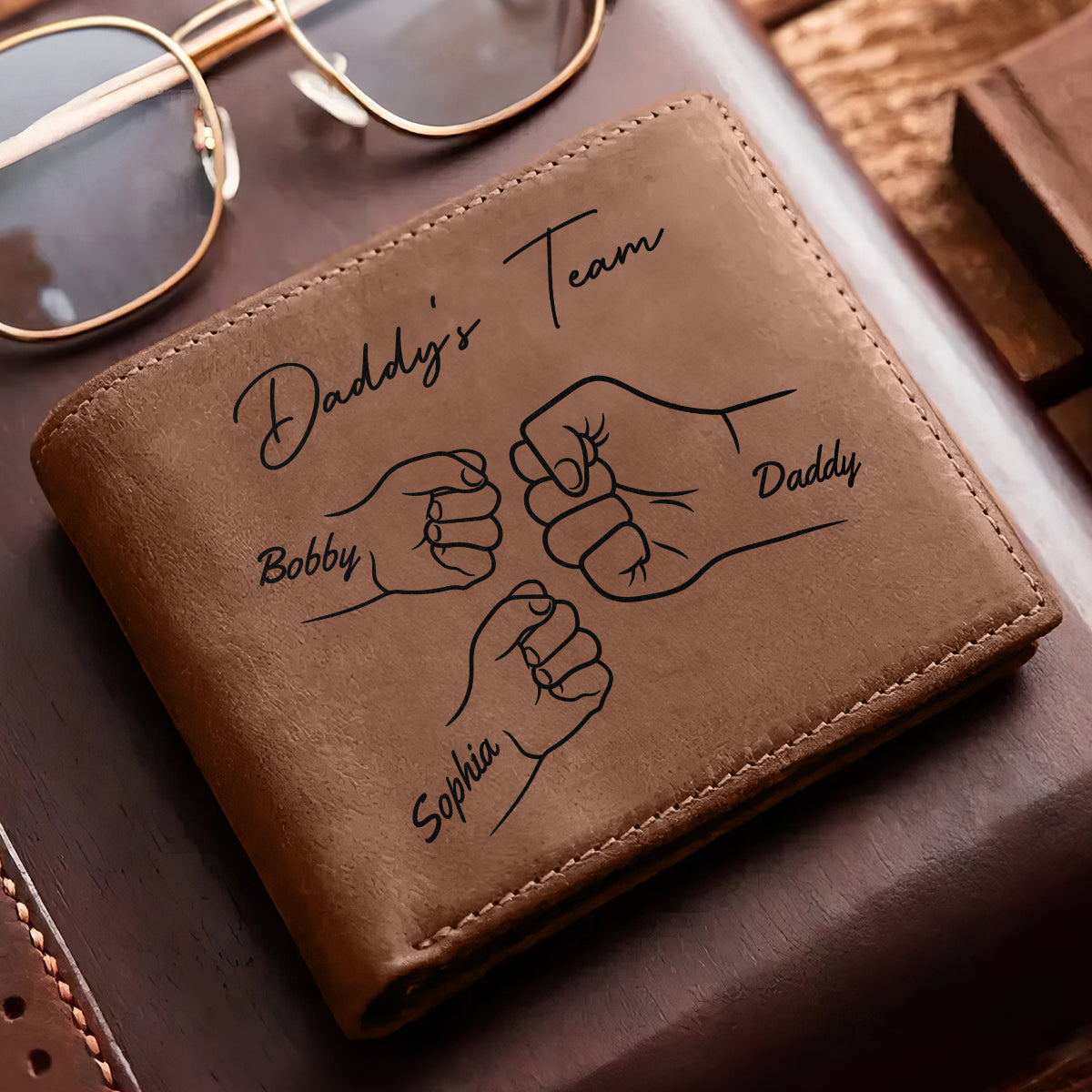 Best Dad Ever Fist Bump Outline Personalized Printed Leather Wallet