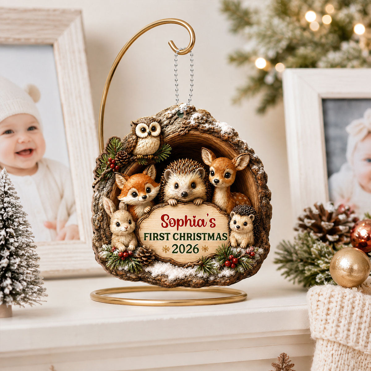 Baby First Christmas Woodland Animal - Personalized Wooden Ornament - Christmas Gift For Newborn Baby