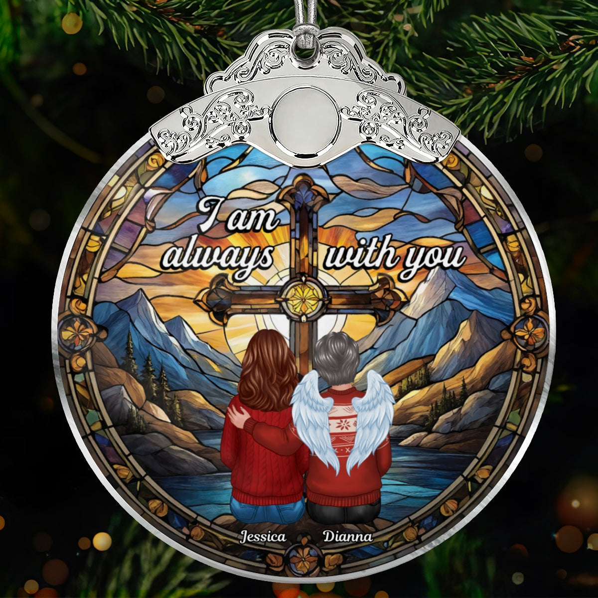Always With You Holy Cross Stained Glass Effect - Personalized Glass Ornament With Silver Cap - Christmas Memorial Keepsake For Family