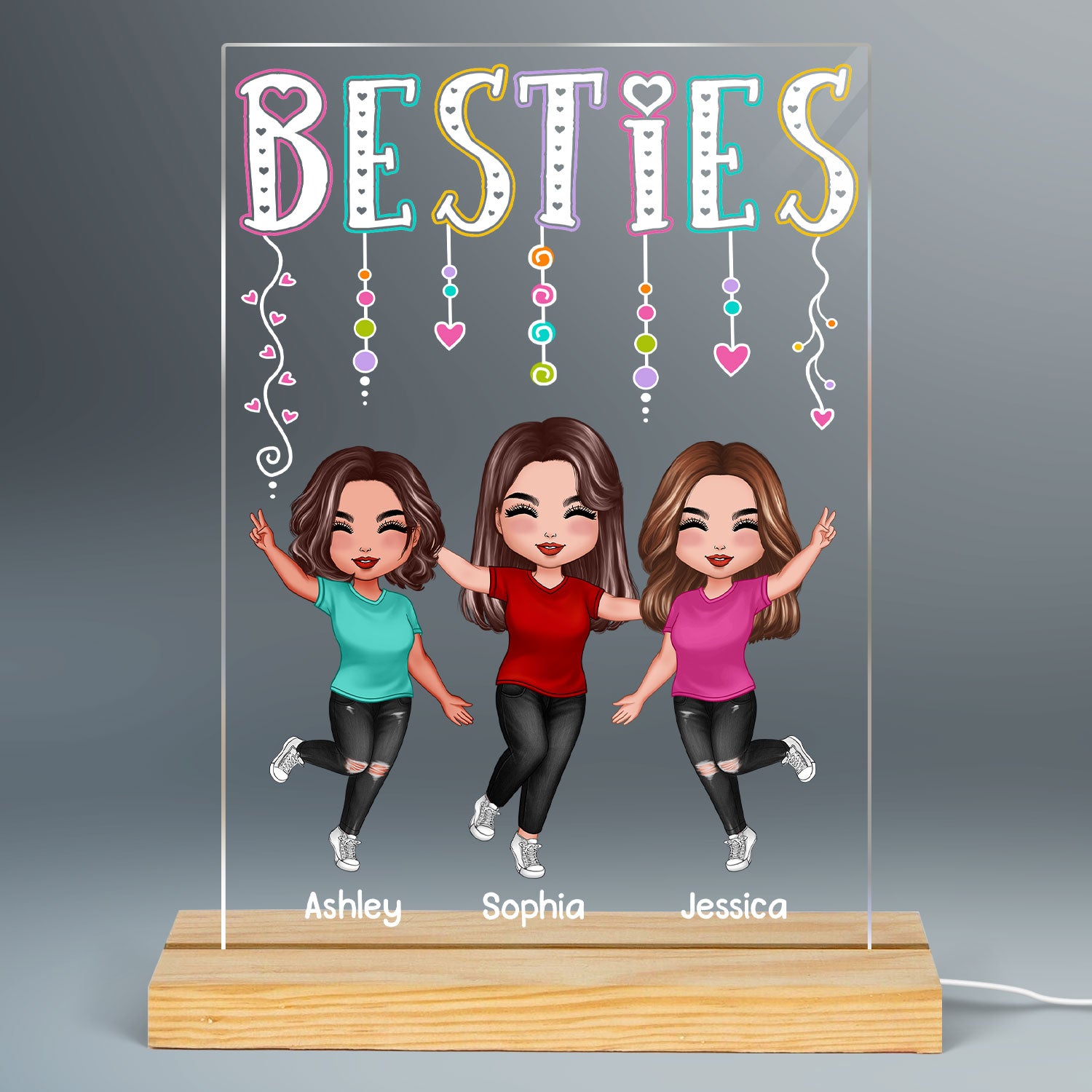 Hearts Strings Happy Doll Besties Sisters Personalized Rectangle Acrylic Plaque LED Night Light