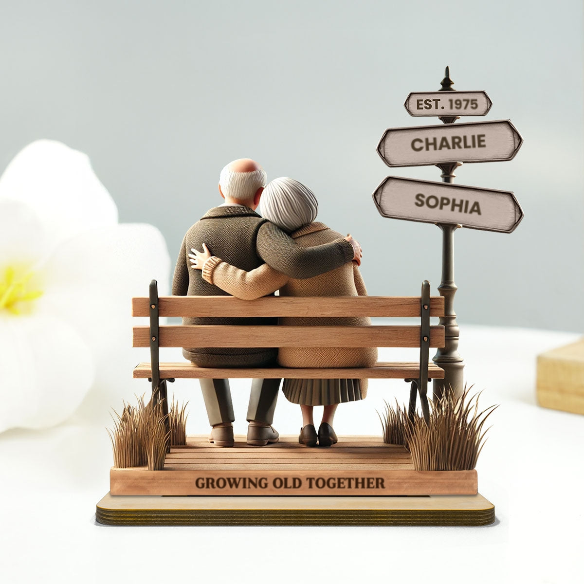 Custom Old Couple Street Sign, Romantic Bench Scene Design, Personalized Standing Wooden Plaque, Anniversary Gift, Valentine's Gift