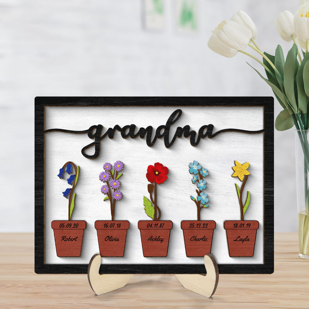 Grandma Mom Flower Pot Personalized 2-layer Woode Plaque
