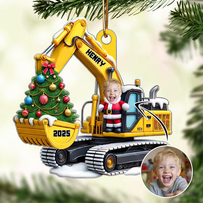Personalized Xmas Excavator Construction Backhoe Kid Photo Ornament, 3D Effect Xmas Gift For Kids