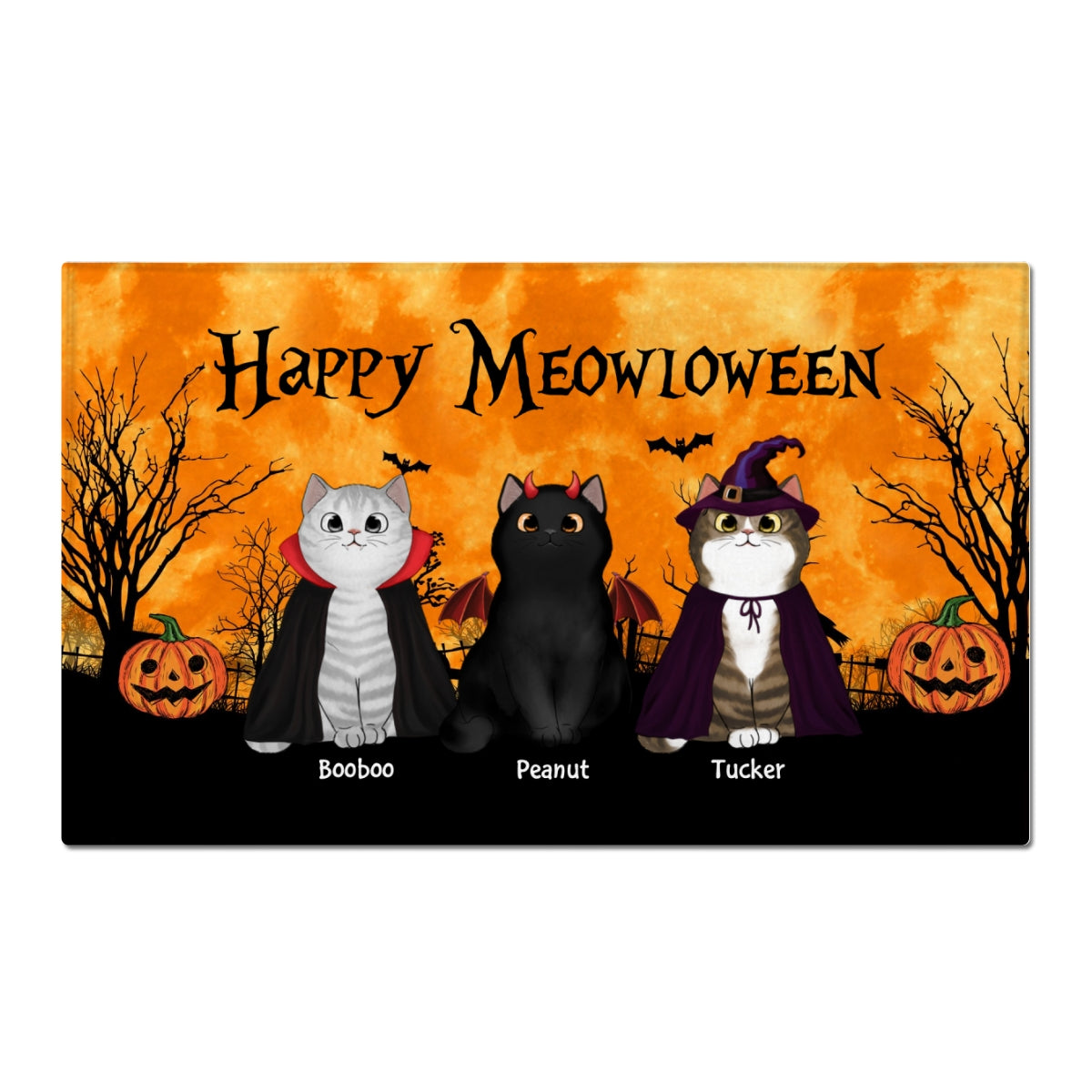 Happy Meowloween Halloween Moon Light Bat Tree Spooky Cat Personalized Doormat, Purrfect Decor for Cat Lover