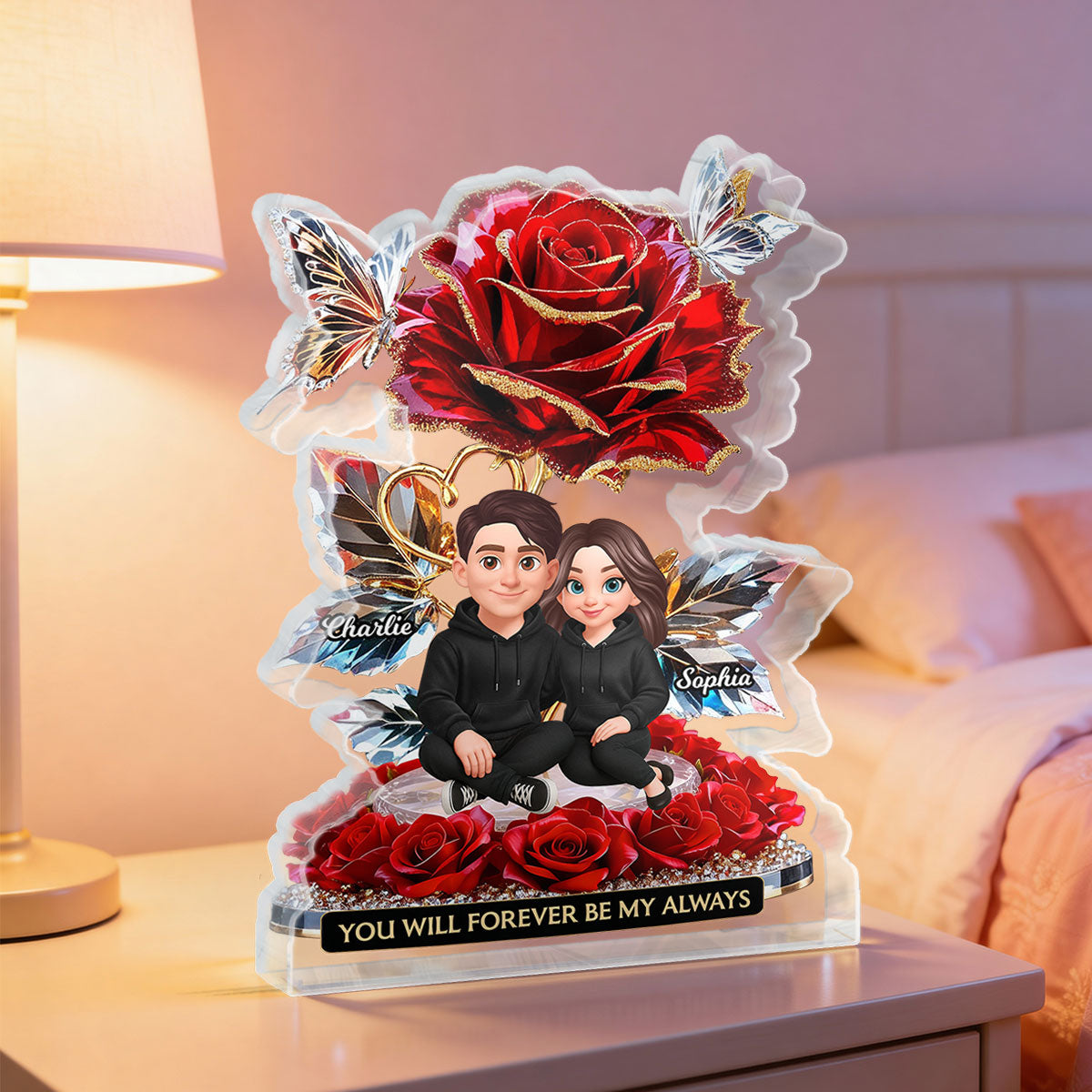 Eternal Love Roses Couple Forever Together - Personalized Acrylic Block Plaque - Gift For Couple, Gift For Him, For Her