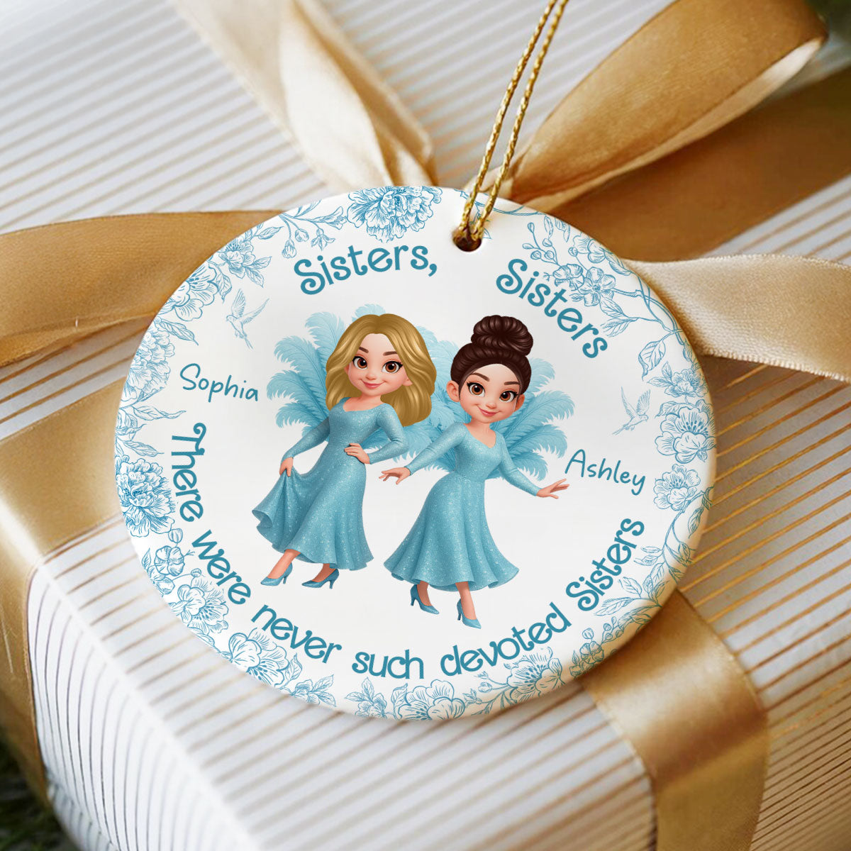 Sisters Sisters Besties in Blue Dresses Personalized Circle Ceramic Ornament