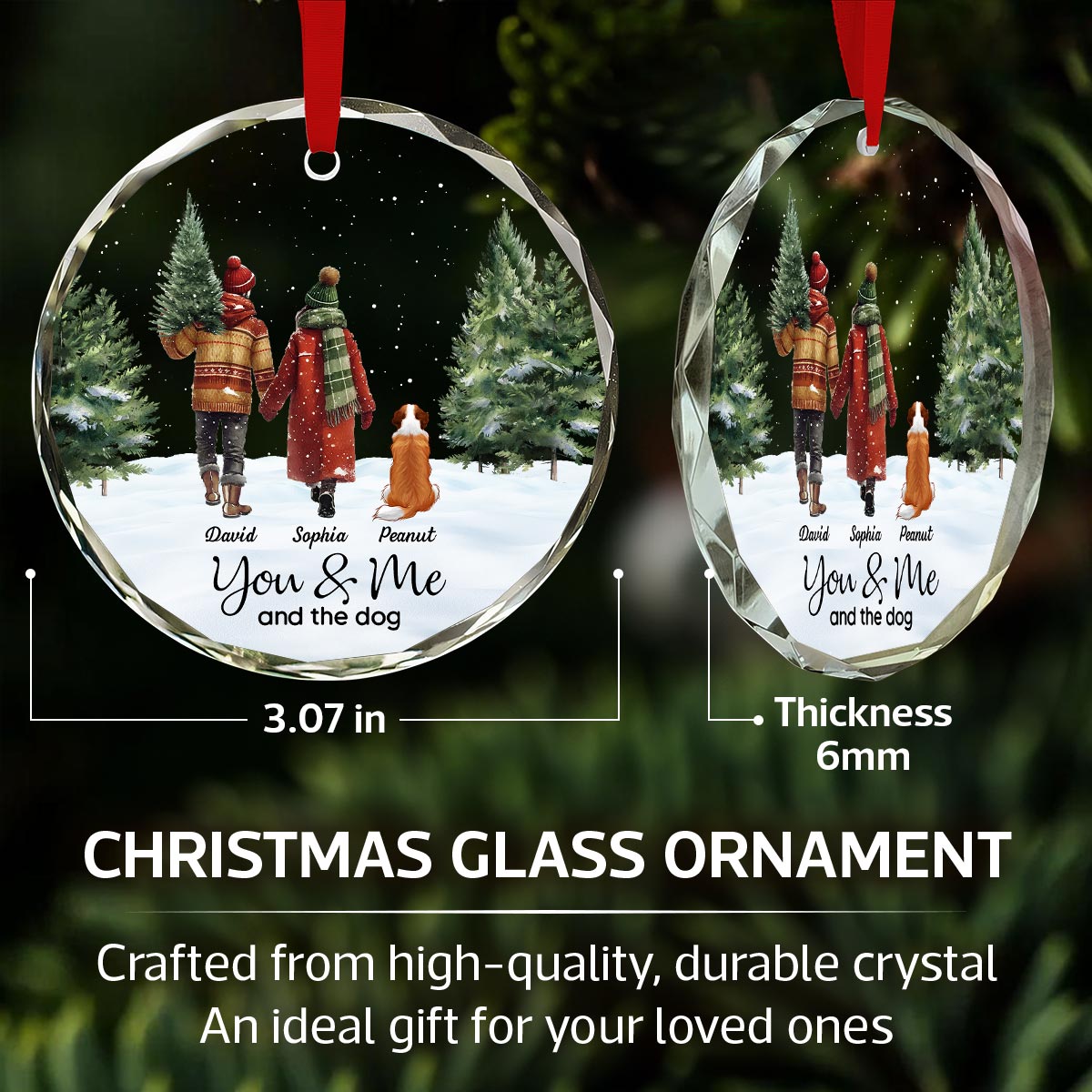 Couple You & Me And The Dog In Snowy Christmas Personalized Glass Ornament
