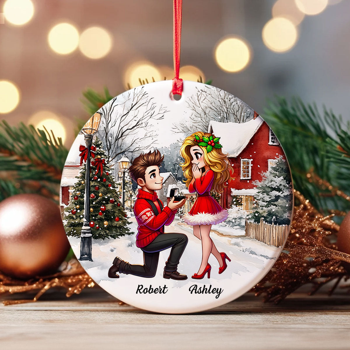 Snowy Scene Couple Marriage Proposal Personalized Ceramic Ornament, Custom Just Engaged Christmas Gifts for Couples