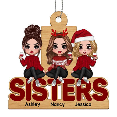 Doll Sisters Sitting On Word Personalized Wooden Ornament