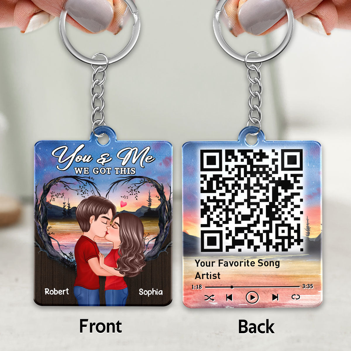 Doll Couple Kissing Sunset Tree Arch Favorite Song QR Code Personalized Acrylic Keychain