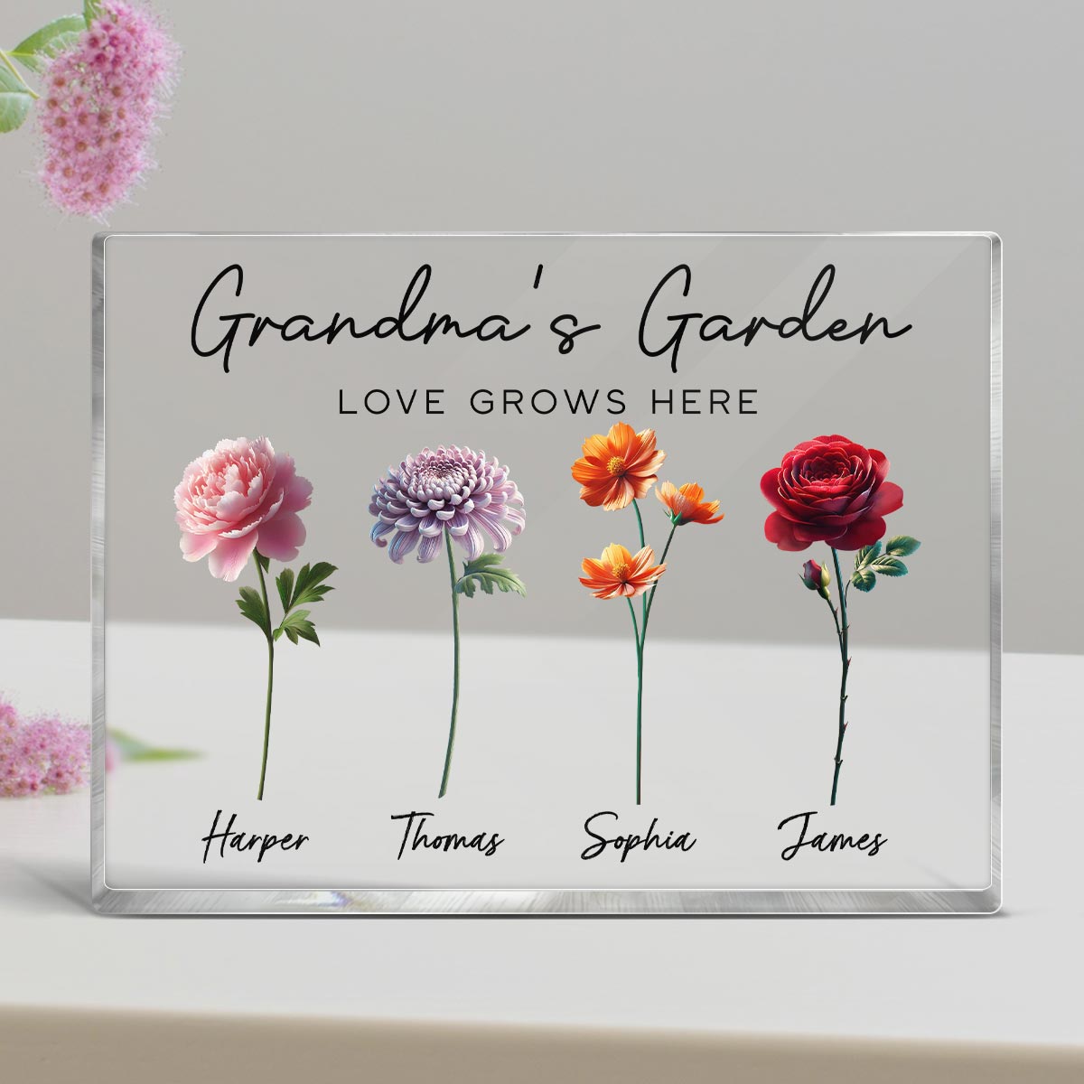 Grandma's Garden 3D Effect Birth Month Flower Personalized Acrylic Block Plaque, Gift For Grandma