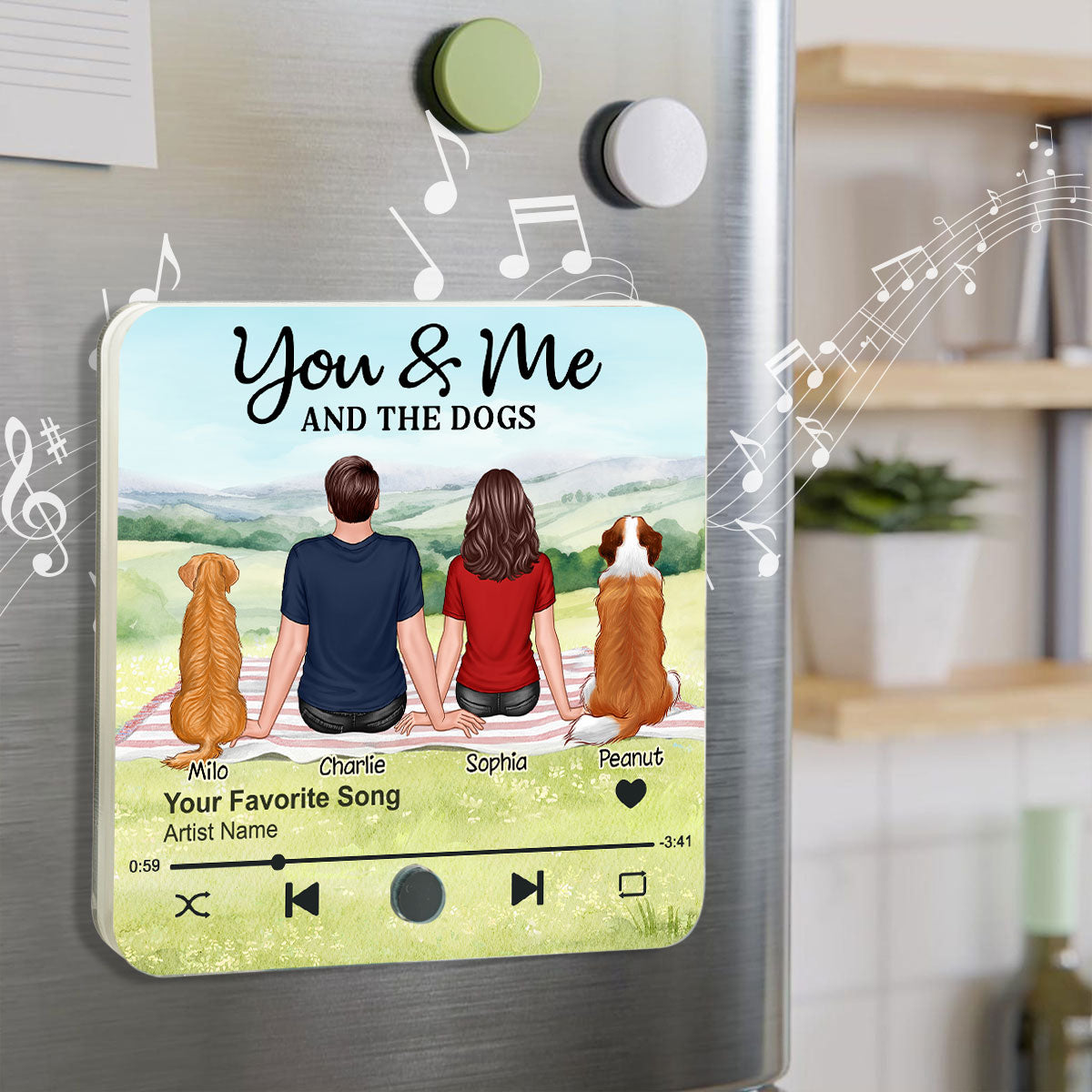 Couple & Dog Picnic In Park Personalized Music Fridge Magnet, Gift For Him, For Her