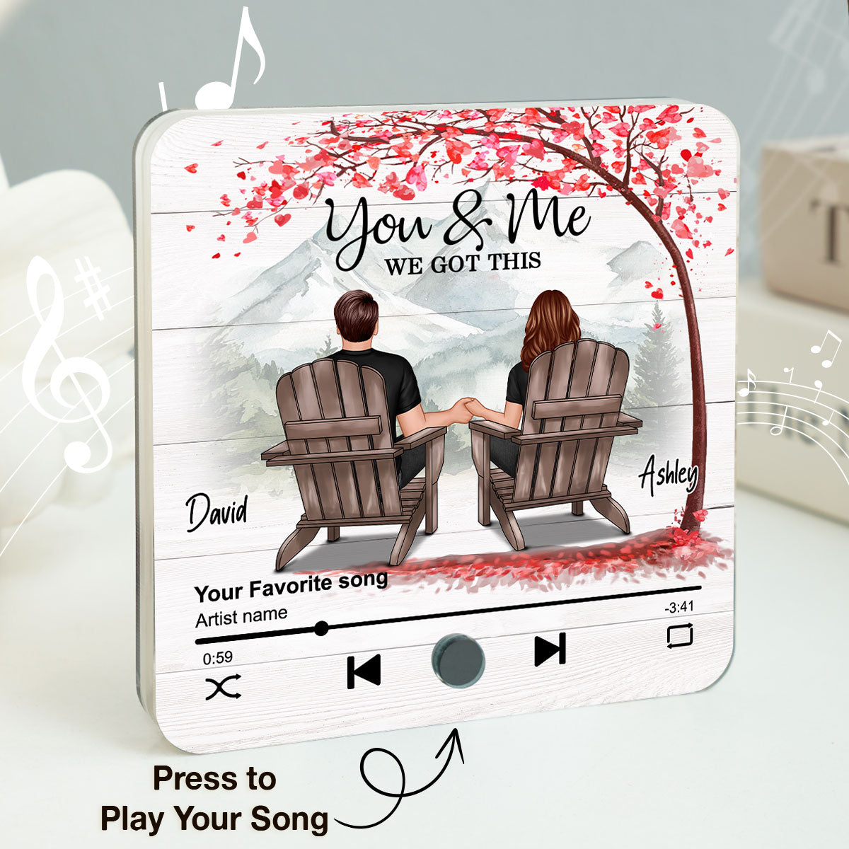 Romantic Mountain Landscape with Blossom Tree Couple Sitting Back View Personalized Music Magnet