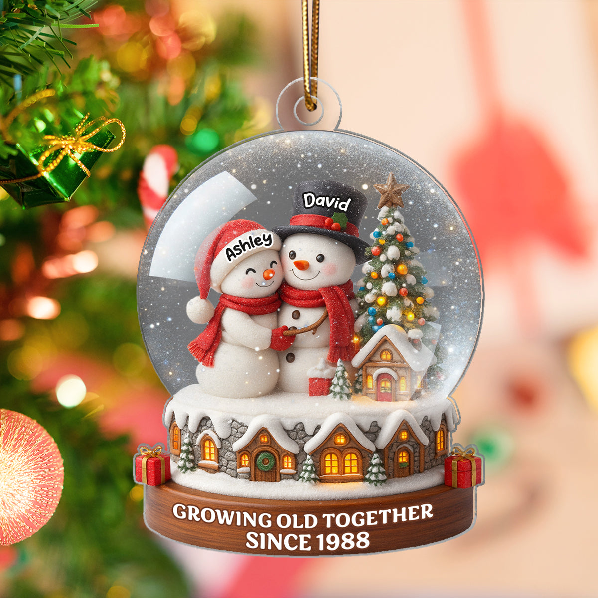 Snow Globe Snowman Couple Growing Old Together Personalized Acrylic Ornament, 3D Effect, Christmas Gift for him, Gift for her