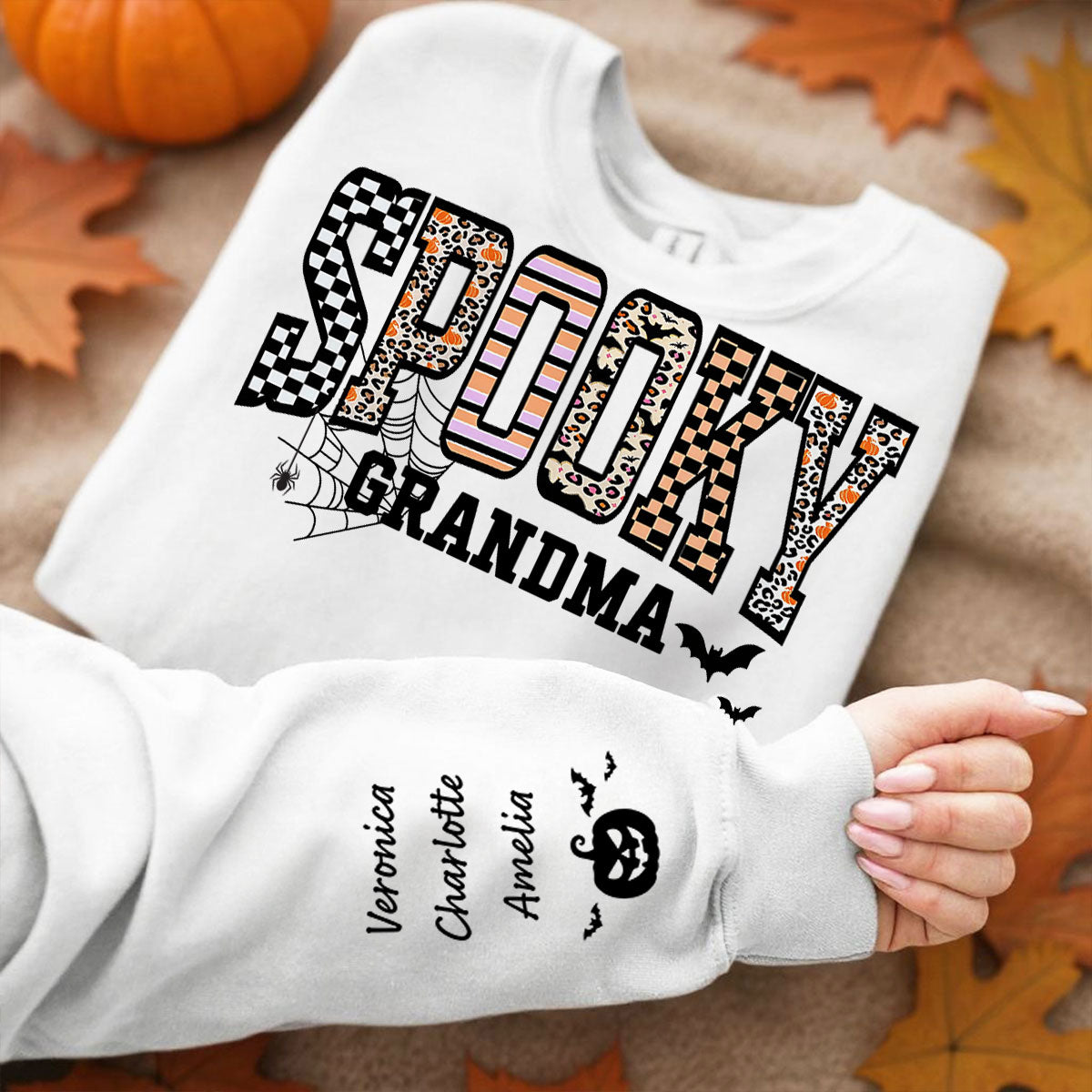 Spooky Grandma Halloween Vibe Personalized Sleeve Printed Sweatshirt