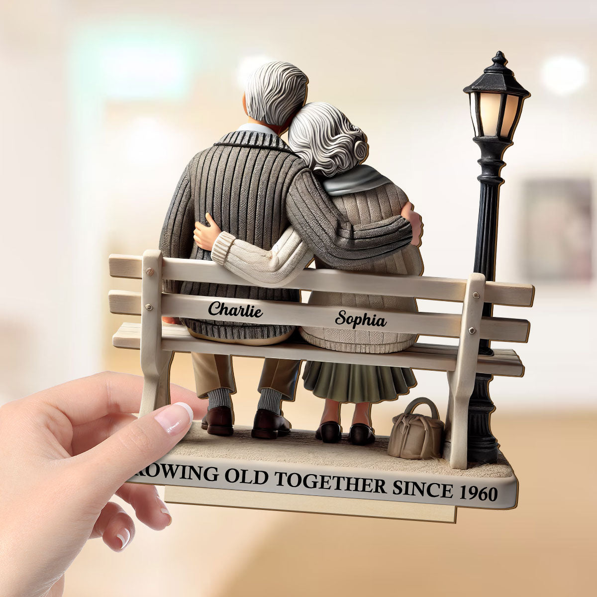 3D Effect Old Couple Sitting On Bench At The Park Personalized Standing Wooden Plaque, Heartfelt Gift For Couple, For Him, For Her, Husband, Wife