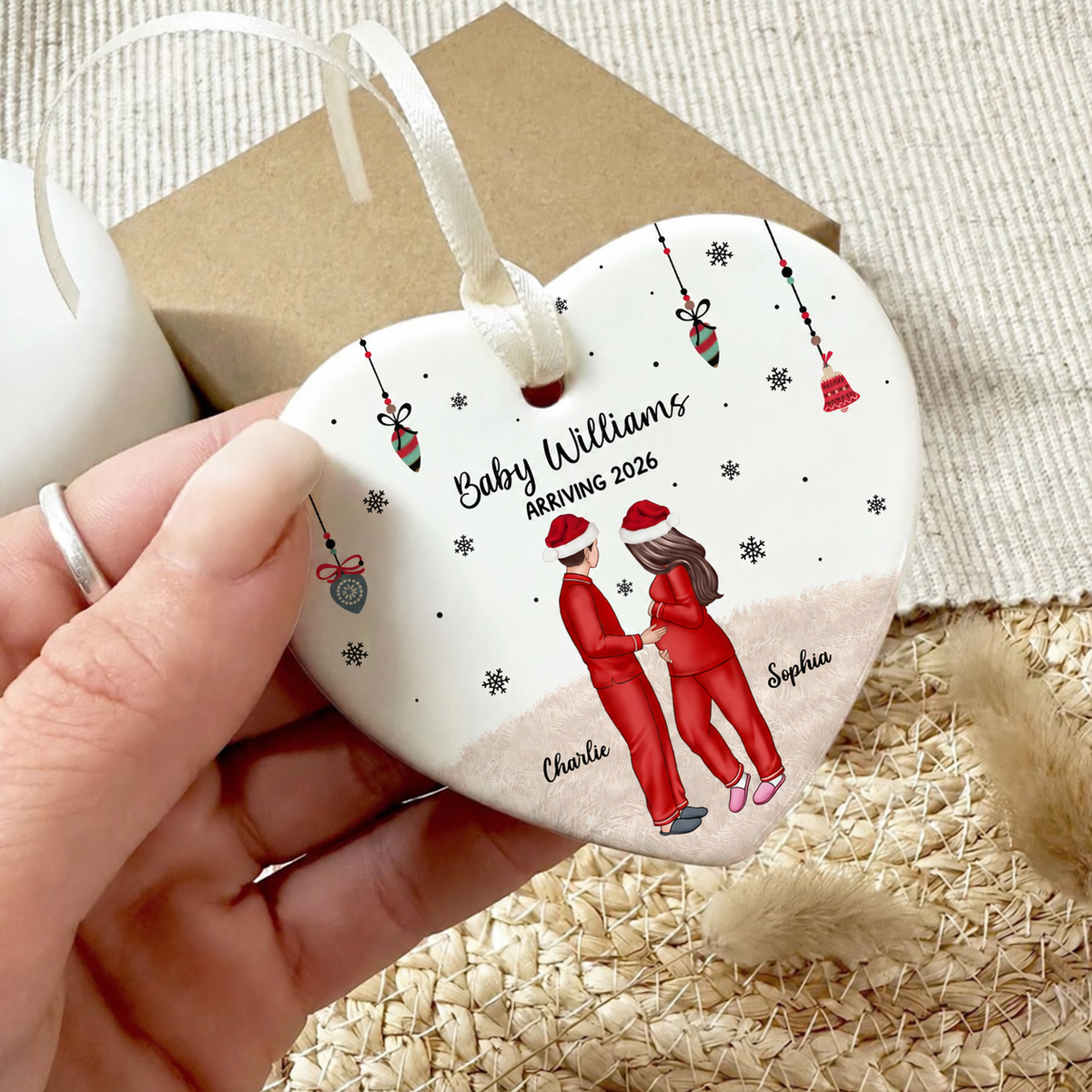 Personalized Pregnancy Ornament, Expecting Family Christmas Personalized Heart Ceramic Ornament, New Mom Christmas Gift