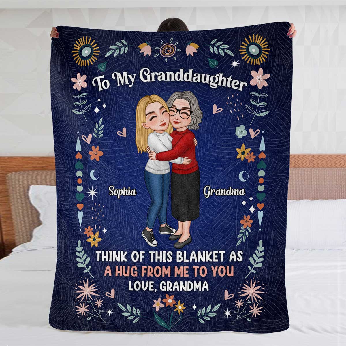 Grandma & Granddaughter Hugging Gift For Adult Teenage Granddaughter Floral Personalized Fleece Blanket