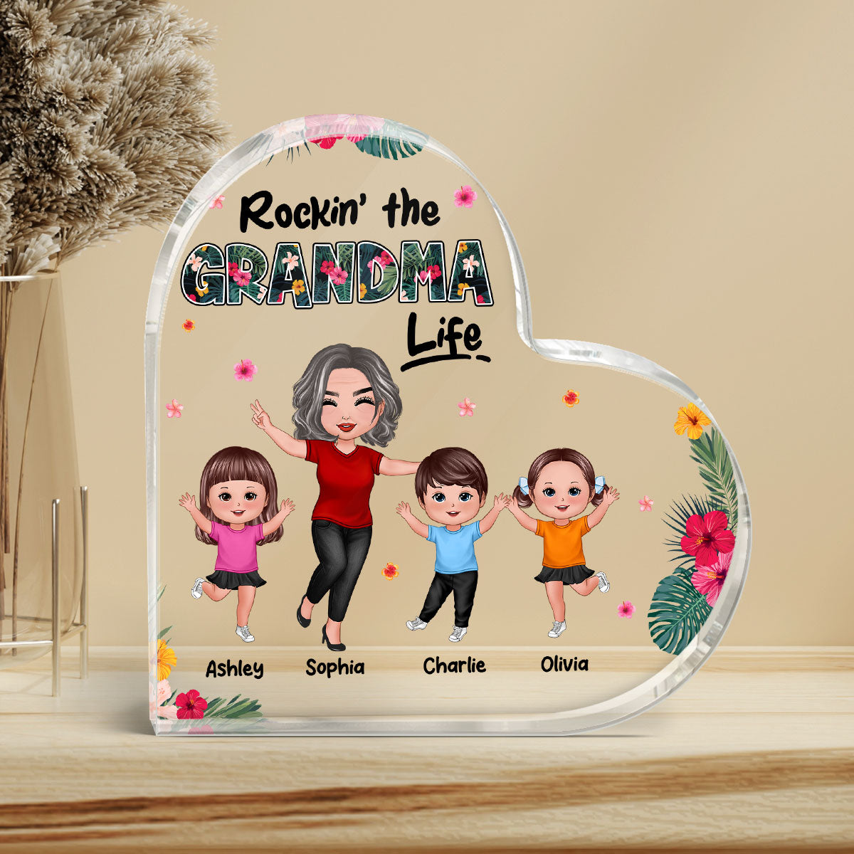 Rockin‘ Grandma Life Happy Doll Grandma Grandkids Personalized Acrylic Heart Plaque