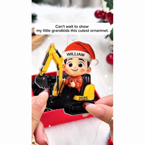 3D Effect Little Boy Kid With Construction Vehicle Excavator Backhoe Tractor Christmas Personalized Acrylic Ornament
