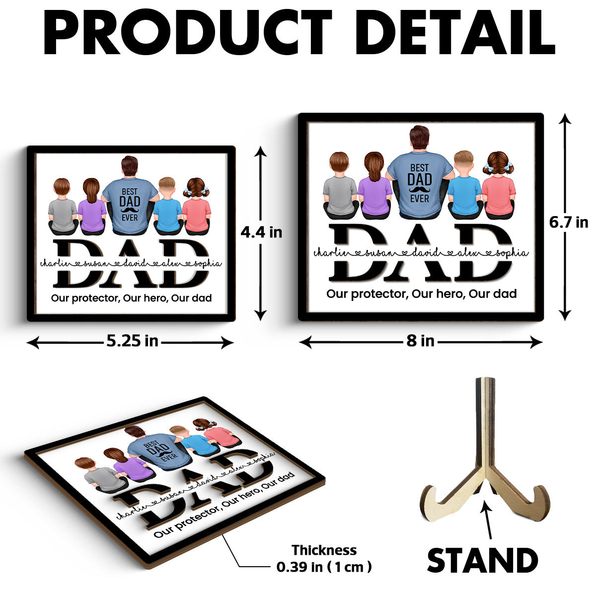 Dad And Kids Back View Sitting On Text Personalized 2-Layer Wooden Plaque