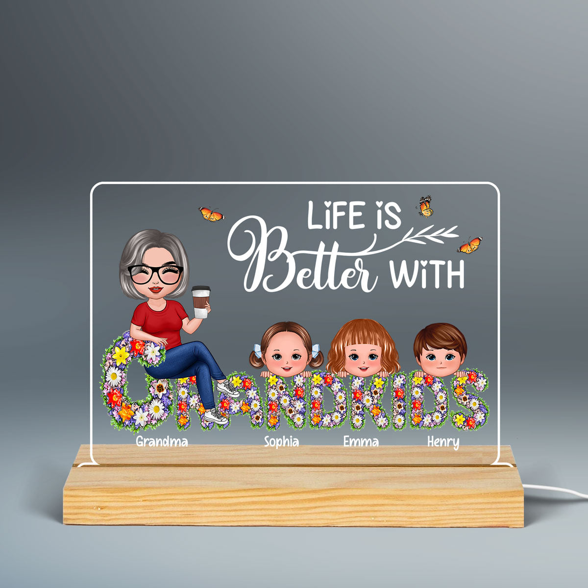 Grandma Grandkids On Floral Words Personalized Acrylic Custom Shape LED Night Light