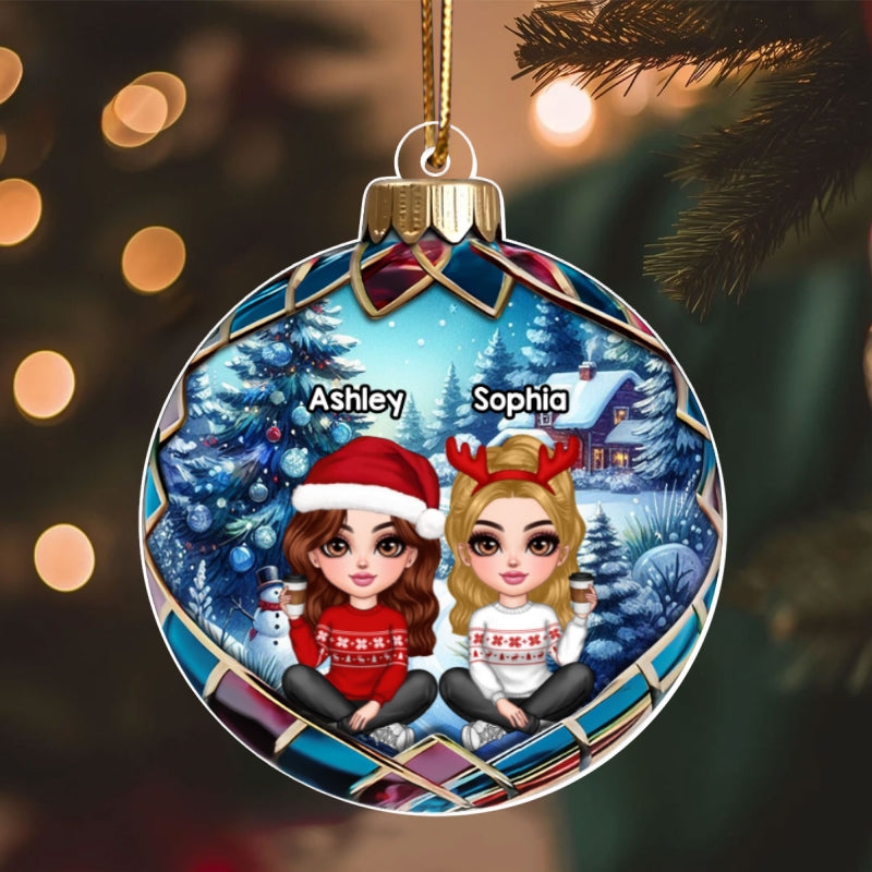 Realistic Christmas Winter Scene Besties Sisters Personalized Acrylic Ornament, Christmas Gift for Besties, Sisters, Friends