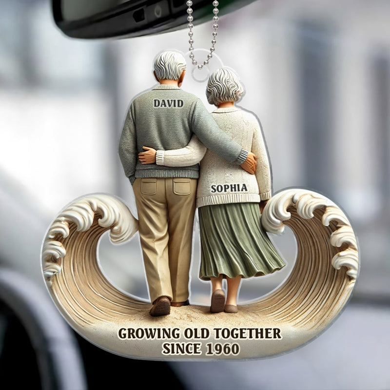 3D Effect Sea Waves Old Couple Walking Together Personalized Car Hanger Ornament, Heartfelt Gift For Couple, For Him, For Her, Husband, Wife