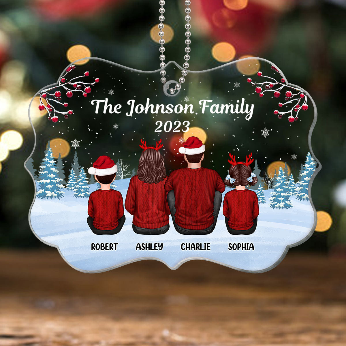 Family Sitting Back View Winter Background Personalized Acrylic Ornament