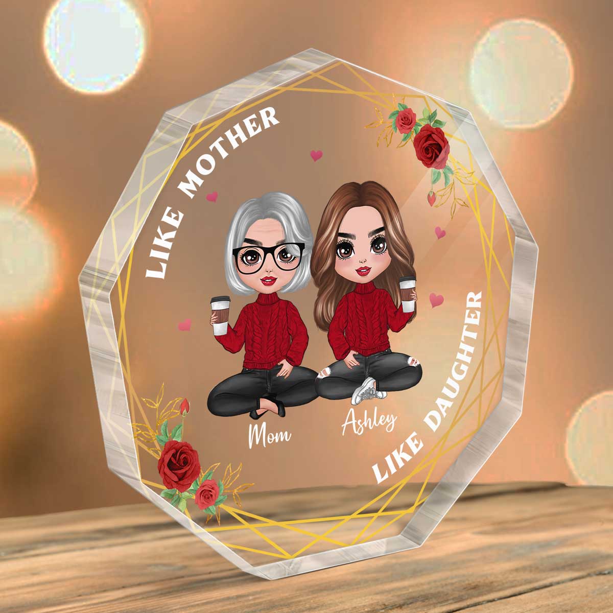 Floral Frame Doll Mother Daughters Personalized Nonagon Acrylic Plaque
