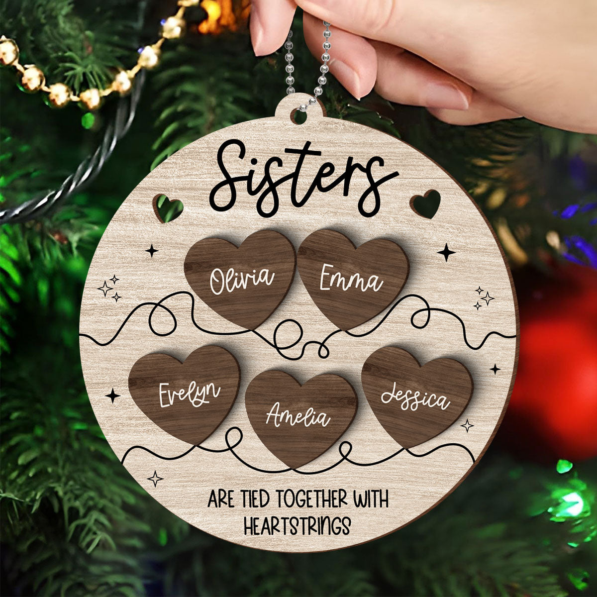 Besties Sisters Are Tied Together With Heart Strings Christmas Personalized 2-Layer Wooden Ornament