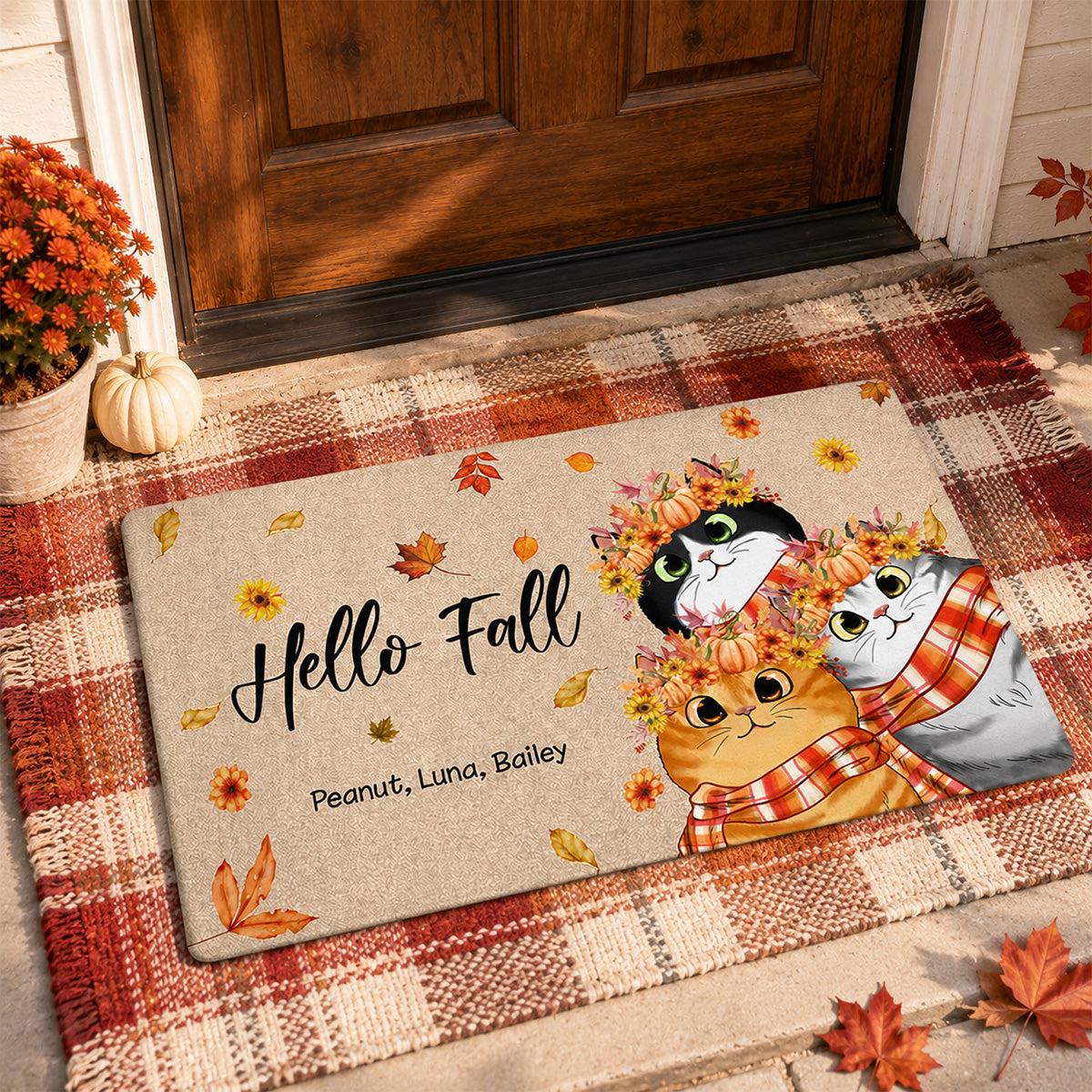 Hello Fall Cute Fluffy Cat - Personalized Doormat - Fall Season Decor For Cat Lover