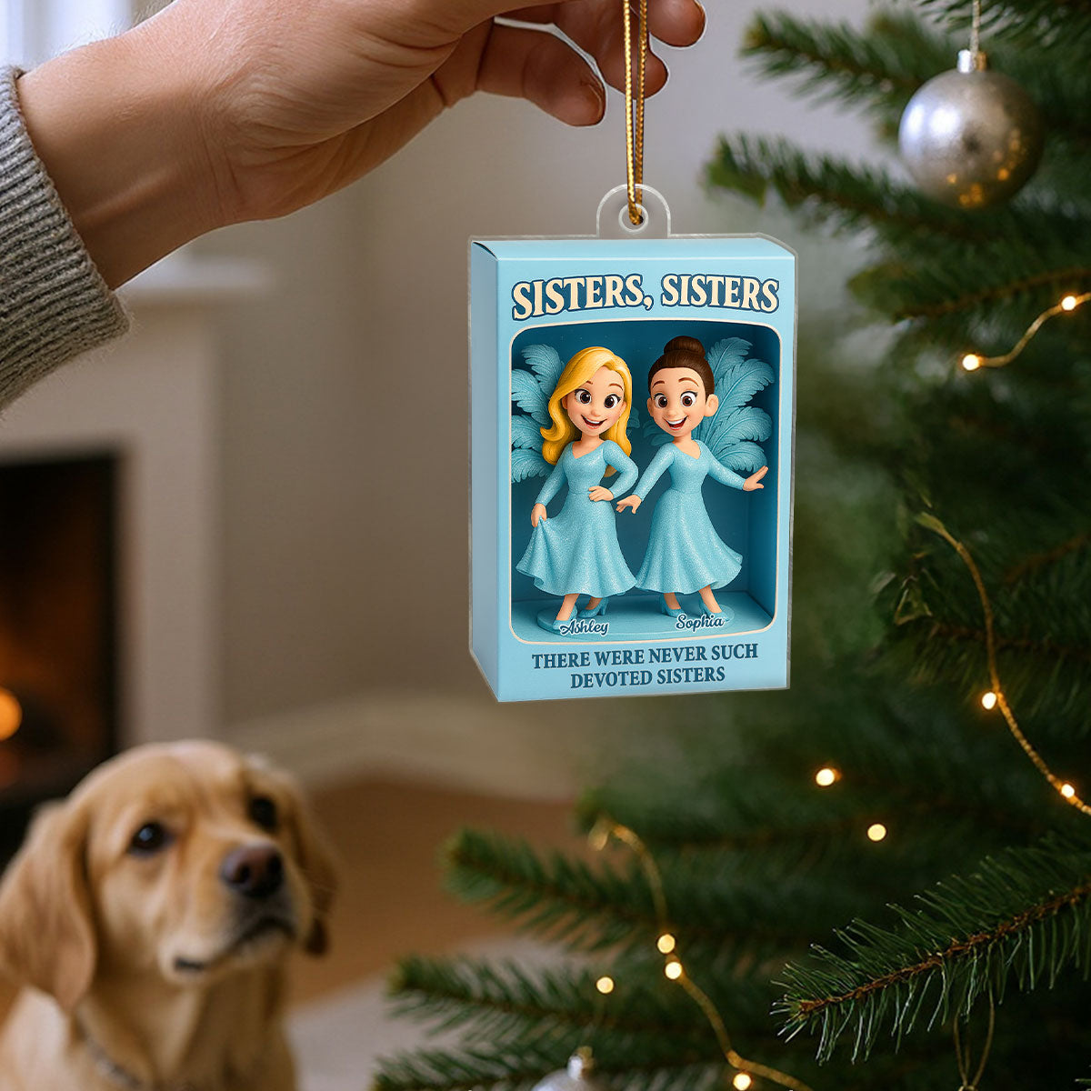 Sisters Besties in Blue Dress Custom Name Toy Box Figure Style Personalized Acrylic Ornament