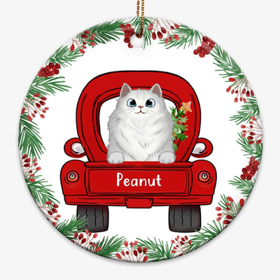 Christmas Holly Branch Fluffy Cats On Truck Personalized Circle Ornament