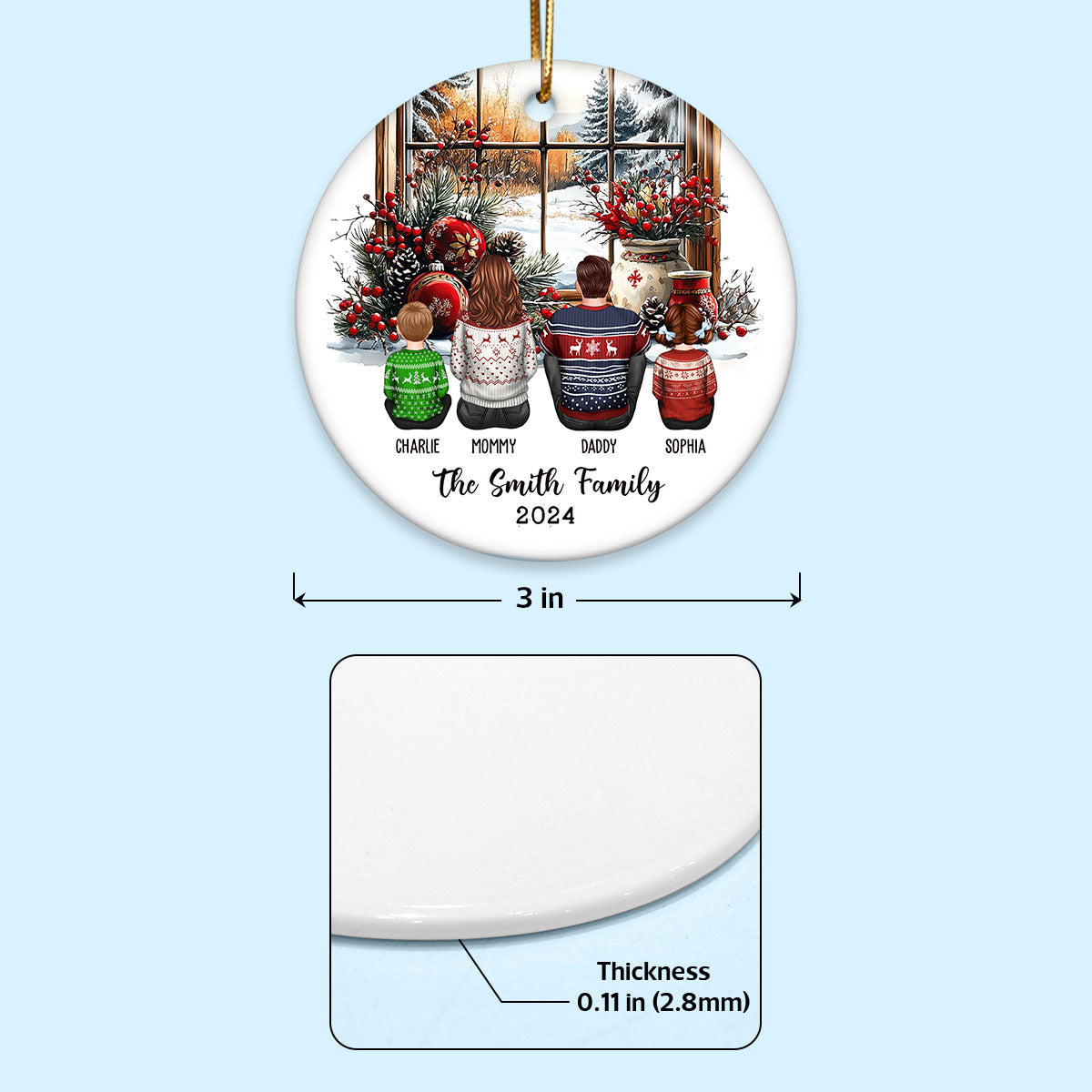 Family Sitting By The Window Personalized Ceramic Ornament, Christmas Gift for Siblings