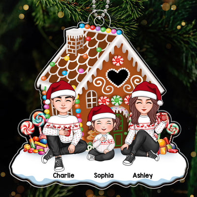 Cute Family Dad Mom Kids Dogs Cats Sitting Christmas Gingerbread House Personalized Acrylic Ornament