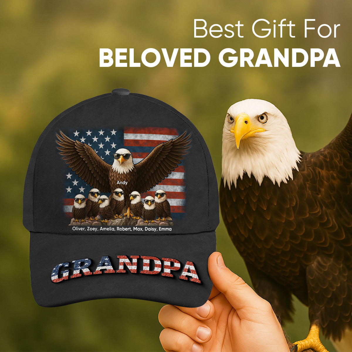 Eagle Dad Grandpa 3D Effect Personalized Classic Cap, Perfect 2025 Father's Day Gift For Dad, Gift for Husband, Gift For Grandpa
