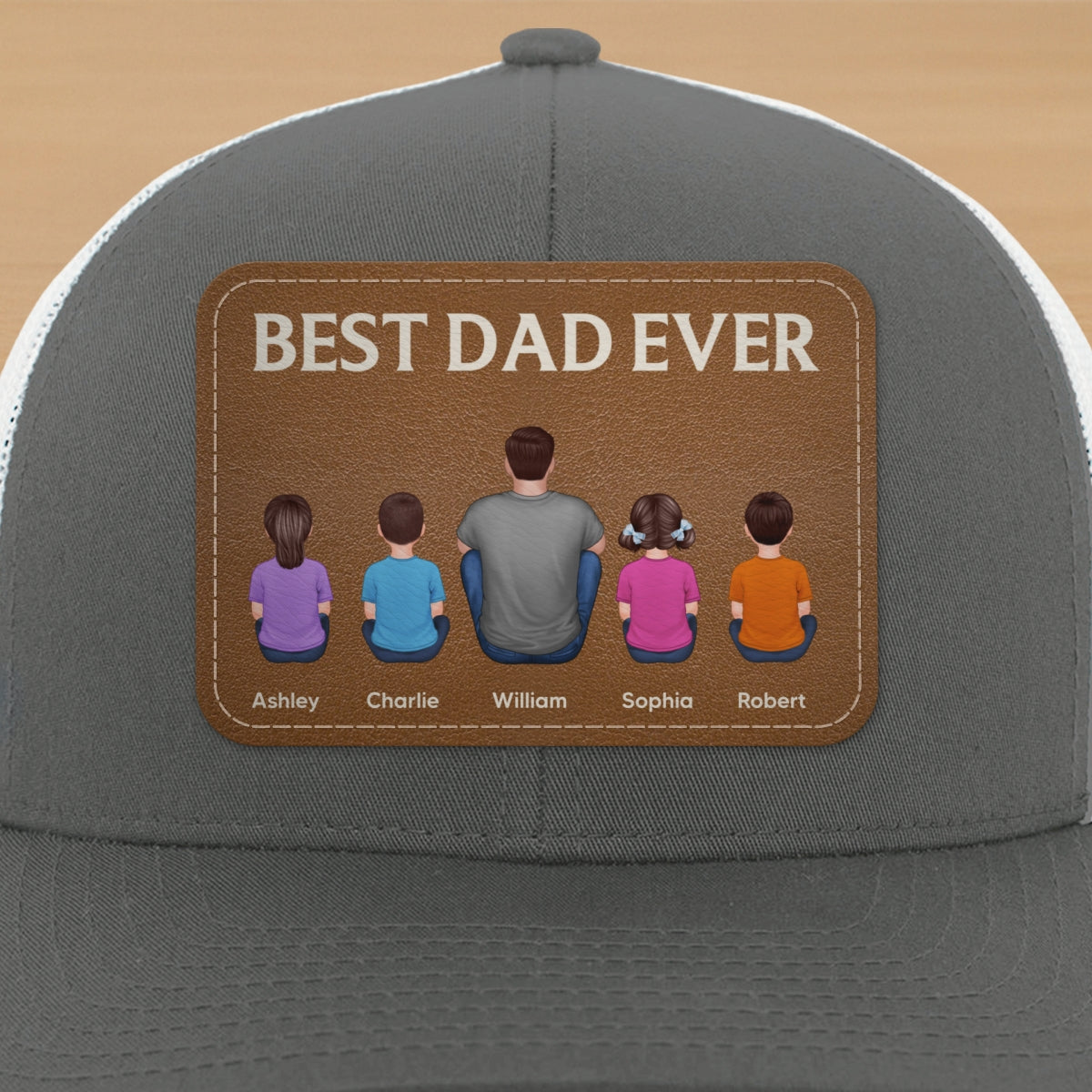 Best Dad Grandpa Ever Back View Sitting With Kids Personalized Leather Patch Hat