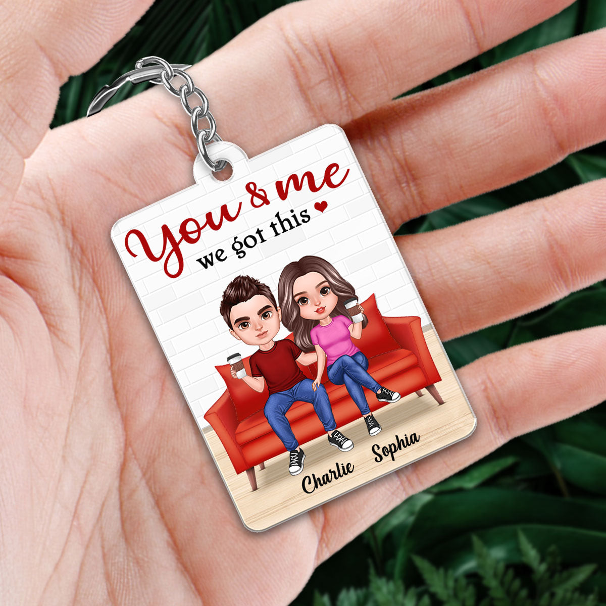 Realistic Doll Couple On Sofa Favorite Song Scannable QR Code Personalized Acrylic Keychain