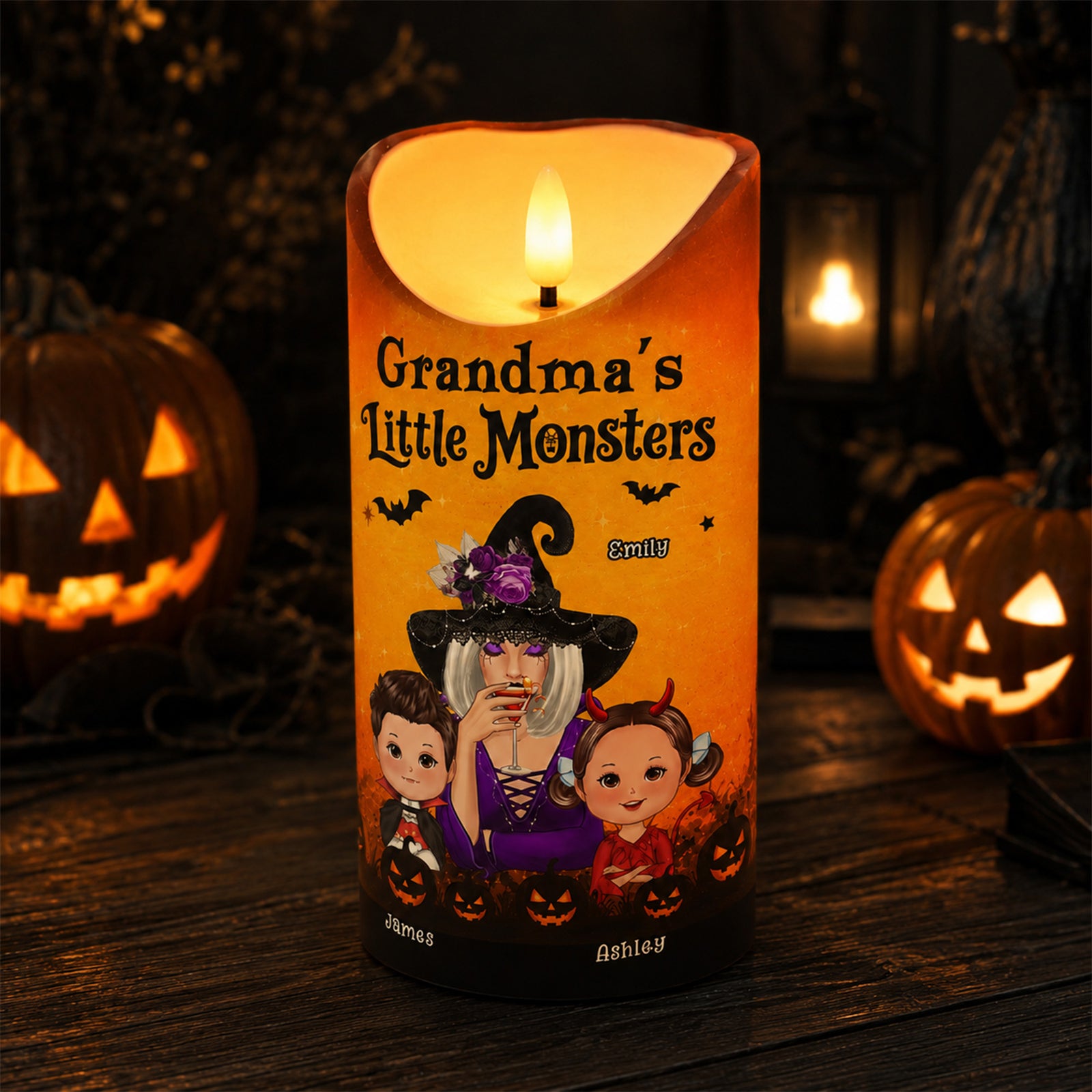 Grandma's Boo Crew Grandma Witch & Kids - Personalized LED Candle - Perfect Halloween Decor for Grandma