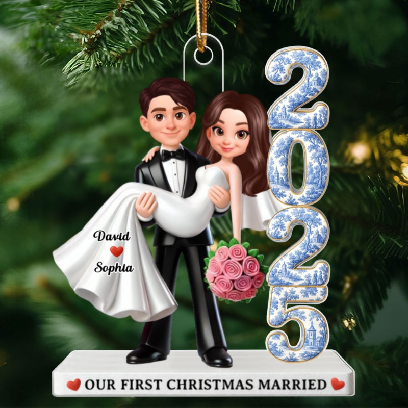 Couple First Christmas Married Toile de Jouy Style - Personalized Acrylic Ornament - Christmas Gift for Newlywed, Gift for him, Gift for her