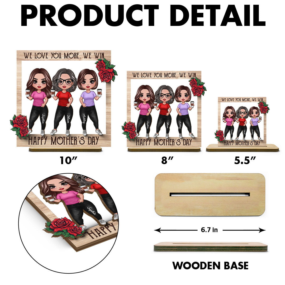 Roses Frame Mom And Daughter Personalized 2-Layer Standing Wooden Plaque