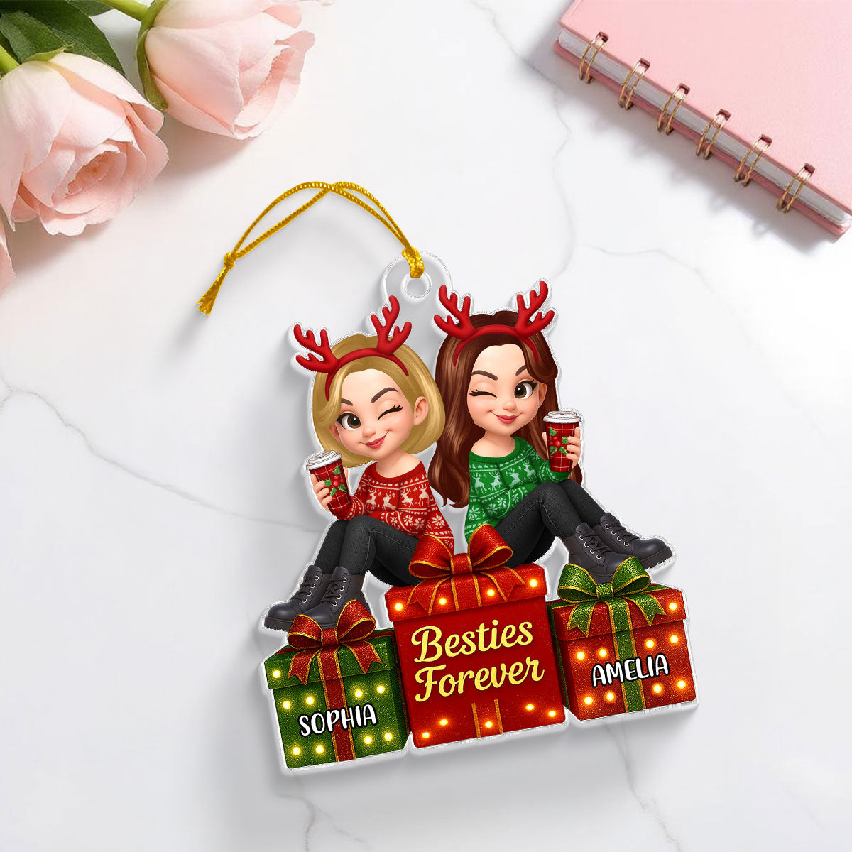 Besties Forever Beautiful Marquee Pattern Effect Gift Box Christmas - Personalized Acrylic Ornament