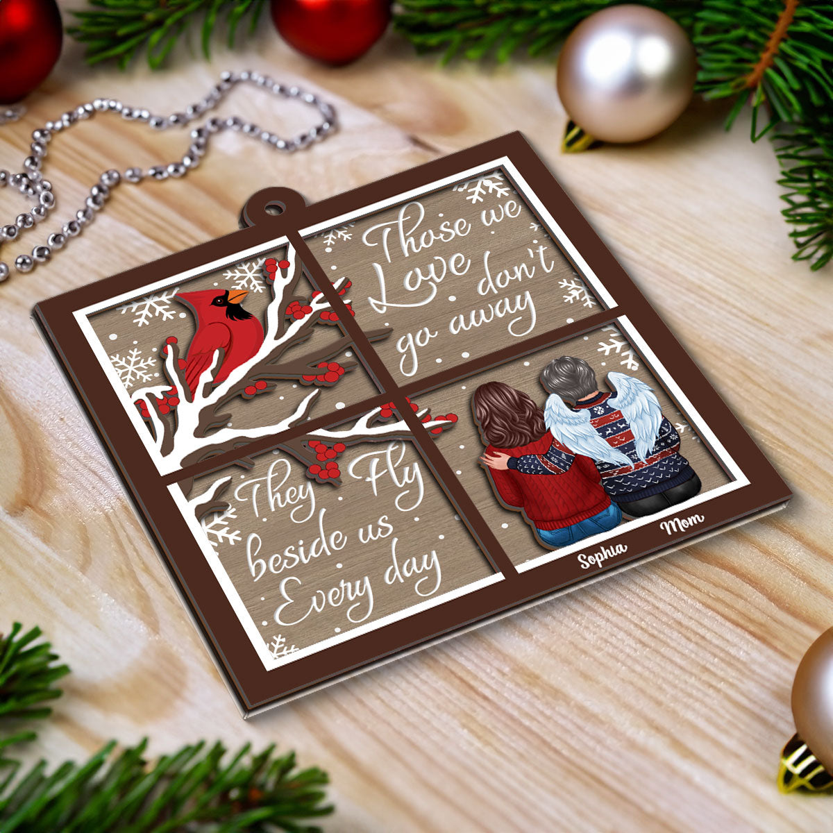 Cardinal Always With You Memorial Christmas Window Shaped Personalized 2-Layer Wooden Ornament, Sympathy Gift