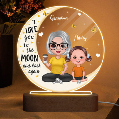 Doll Grandma & Grandkid On Moon Personalized Circle Acrylic Plaque With LED Night Light - Gift For Grandchildren