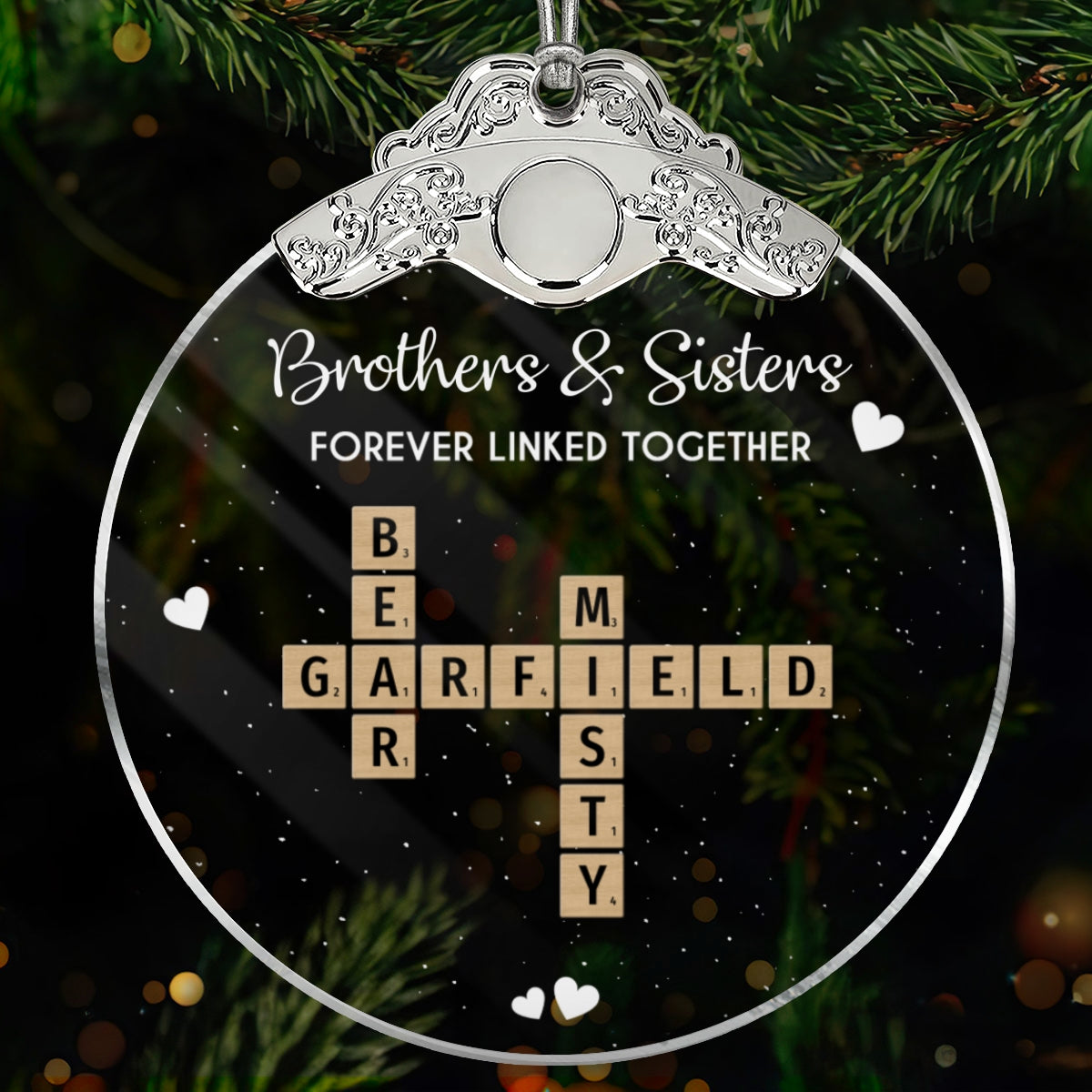 Brothers Sisters Siblings Forever Linked Together Crossword Puzzle Art - Personalized Glass Ornament With Silver Cap - Gift For Siblings, Brothers, Sisters