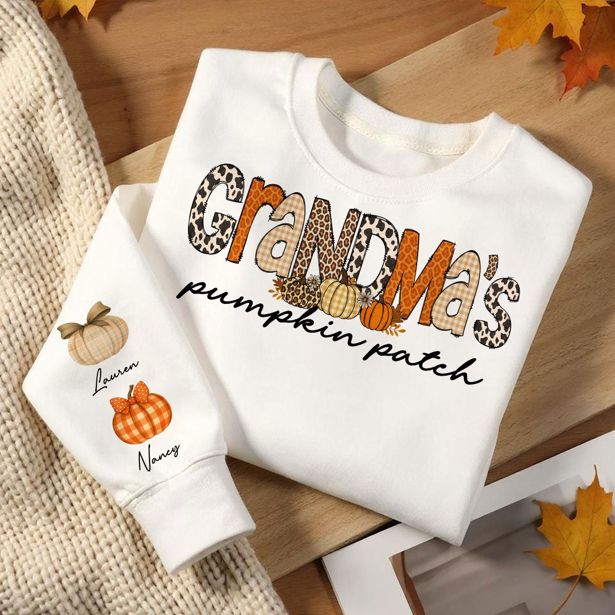 Grandma's Little Pumpkins Leopard Fall Pattern Personalized Sweatshirt, Fall Clothes Cozy Vibe for Grandma Mama Gigi Nana