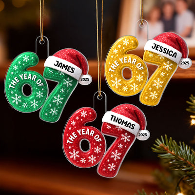 3D Glitter Effect 67 Six Seven 2025 Slang - Personalized Acrylic Ornament - Funny Christmas Gift For Teen, Grandkid, Gen Alpha