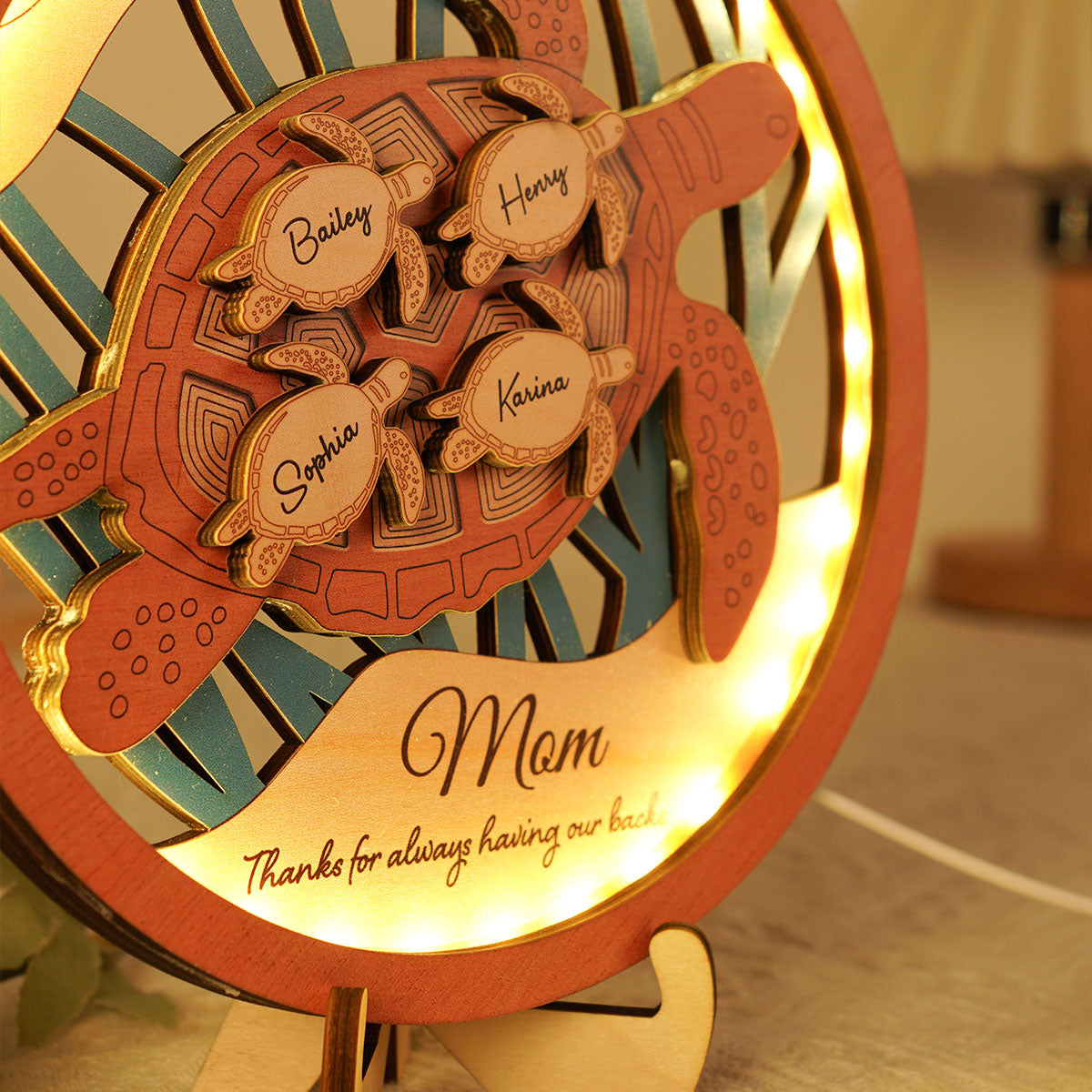Grandma Mom Sea Turtle Personalized 3-Layered Wooden Plaque With LED, Gift for Mom, Grandma